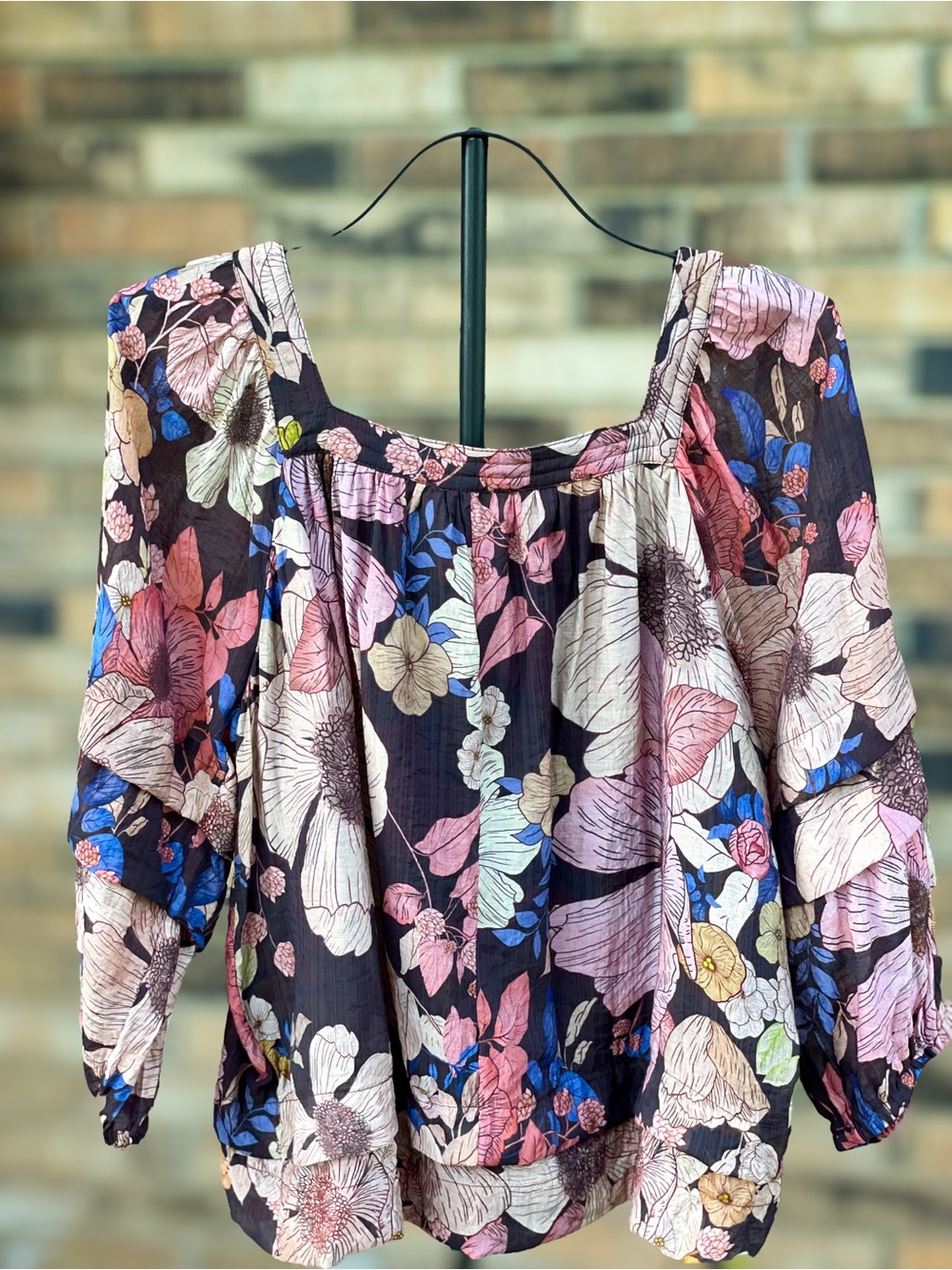 Entro Brown Floral Square Neck Balloon Sleeve Blouse Large